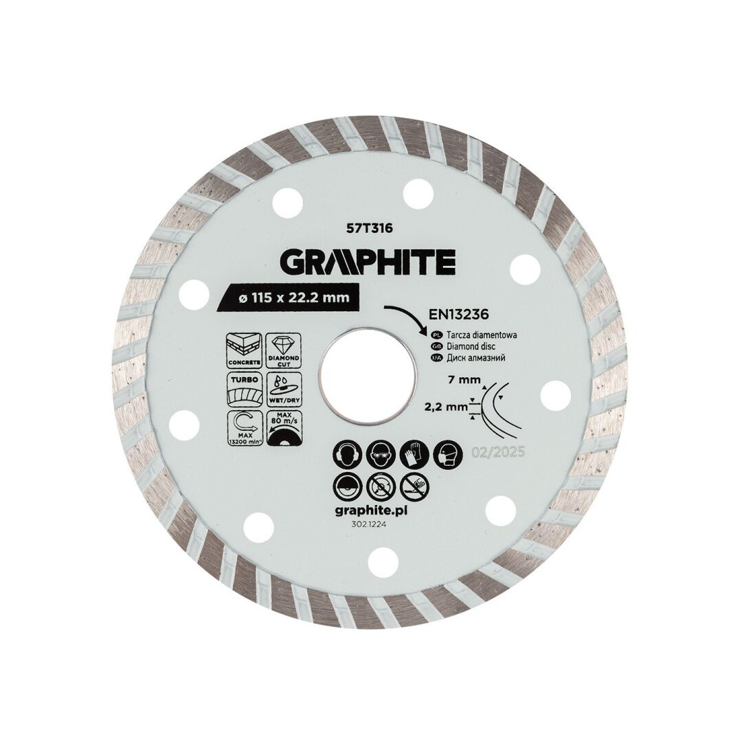 Turbo pjovimo deimantinis diskas, 115 x 22,22 mm, sausam ir šlapiam pjovimui