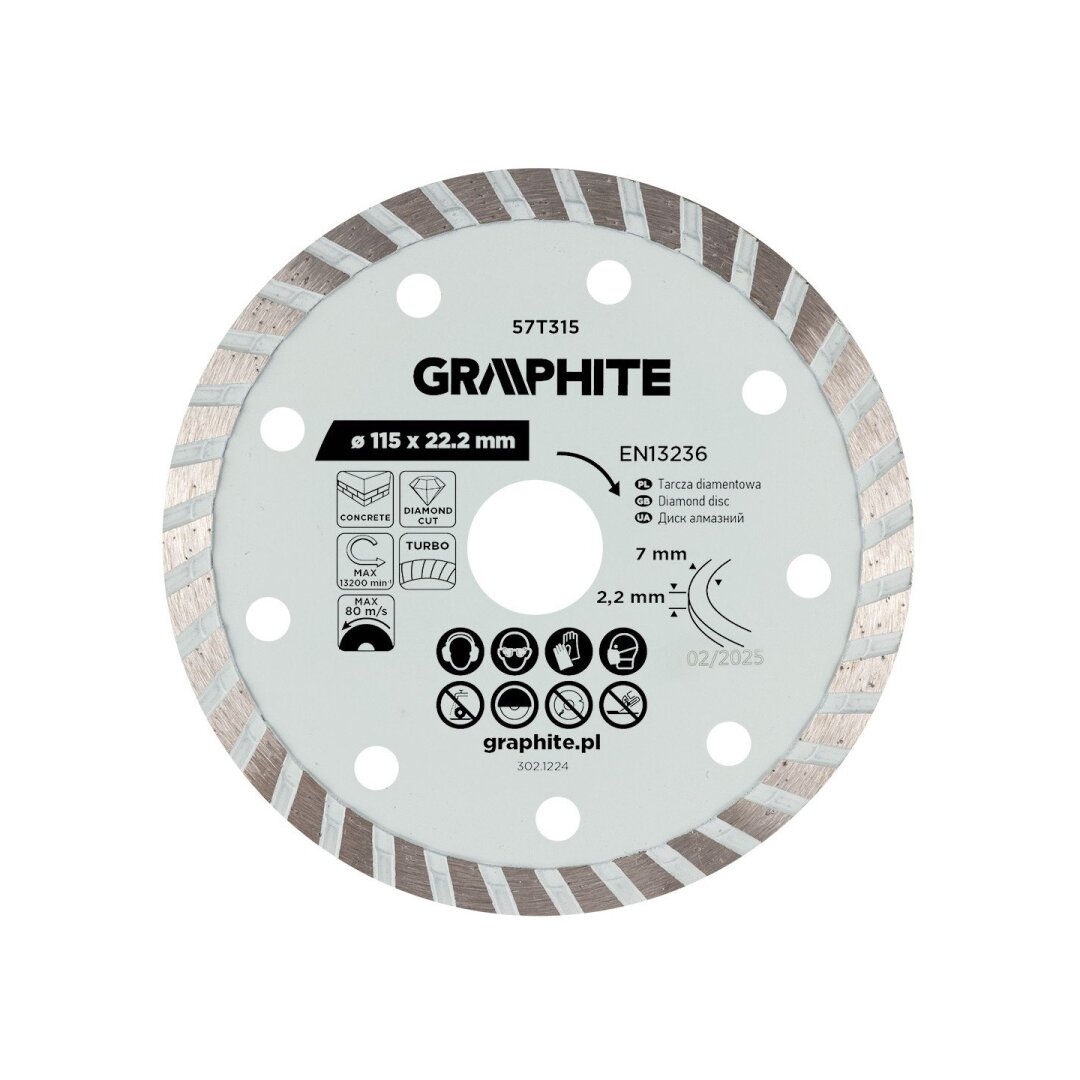 Turbo pjovimo deimantinis diskas, 115 x 22,22 mm, sausam pjovimui
