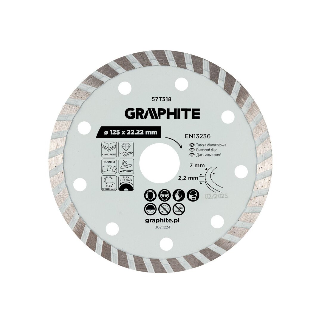 Turbo pjovimo deimantinis diskas, 125 x 22,22 mm, sausam ir šlapiam pjovimui