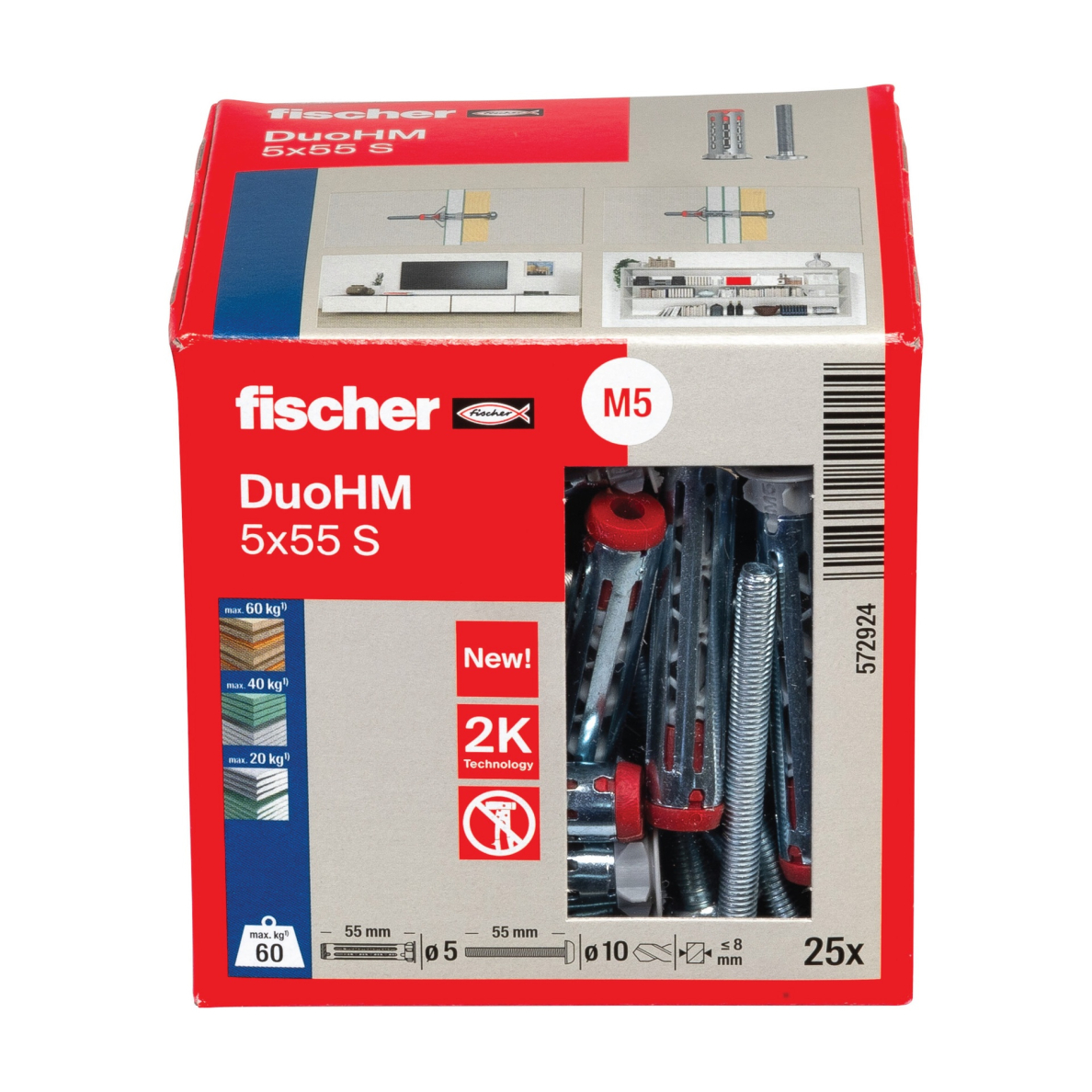 Tuščiavidurių konstrukcijų kaištis DuoHM 5x55 S PH TX, Fischer, 25 vnt. 2