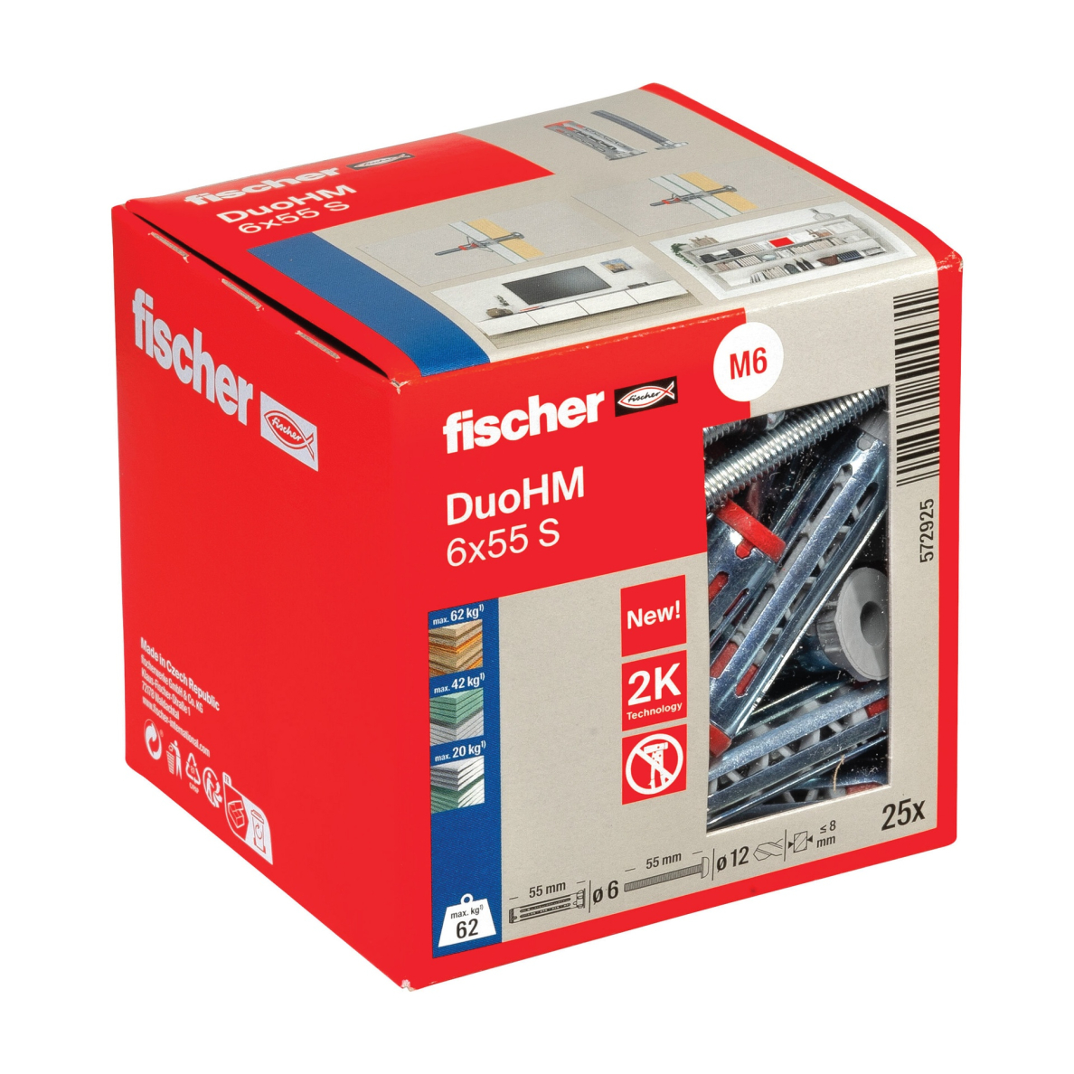 Tuščiavidurių konstrukcijų kaištis DuoHM 6x55 S PH TX, Fischer, 25 vnt. 1 Tuščiavidurių konstrukcijų kaištis DuoHM 6x55 S PH TX, Fischer, 25 vnt. 1