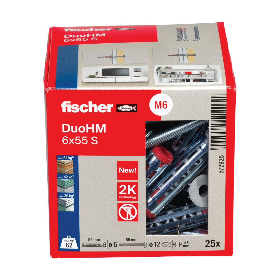 Tuščiavidurių konstrukcijų kaištis DuoHM 6x55 S PH TX, Fischer, 25 vnt. 2 Tuščiavidurių konstrukcijų kaištis DuoHM 6x55 S PH TX, Fischer, 25 vnt. 2