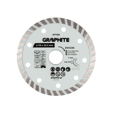 Turbo pjovimo deimantinis diskas, 115 x 22,22 mm, sausam ir šlapiam pjovimui