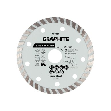 Turbo pjovimo deimantinis diskas, 125 x 22,22 mm, sausam ir šlapiam pjovimui