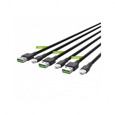 USB kabelių rinkinys Green Cell, 30/120/200 cm, (greitam krovimui), 3 vnt. 1