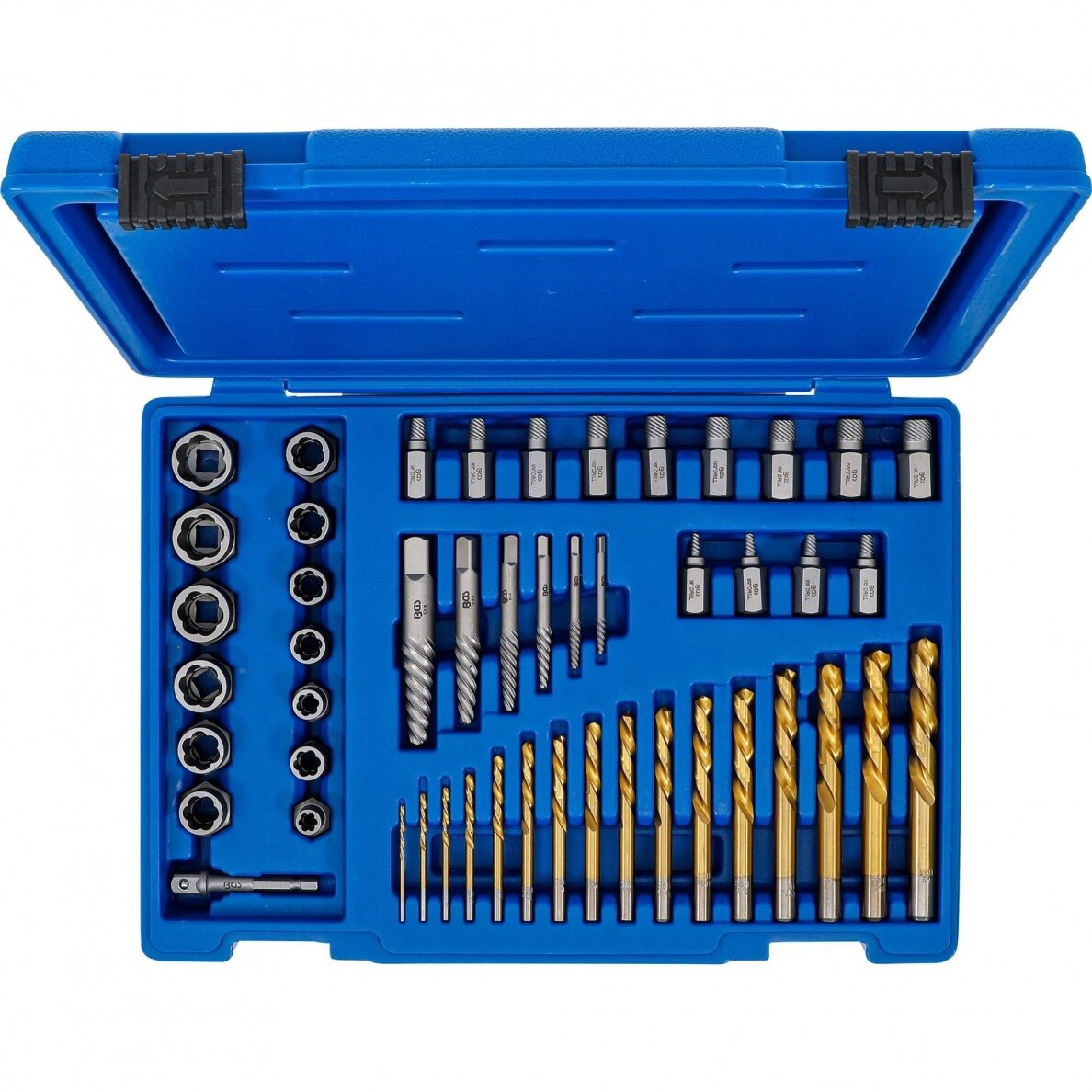 Varžtų ir veržlių ištraukimo rinkinys su kairiojo pjovimo grąžto komplektu | 2 - 18 mm | 49 vnt. (70329) 2 Varžtų ir veržlių ištraukimo rinkinys su kairiojo pjovimo grąžto komplektu | 2 - 18 mm | 49 vnt. (70329) 2