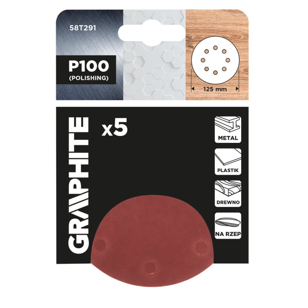 „Velcro“ šlifavimo diskai 125 mm, P100, 5 vnt, su 8 skylėmis 1 „Velcro“ šlifavimo diskai 125 mm, P100, 5 vnt, su 8 skylėmis 1