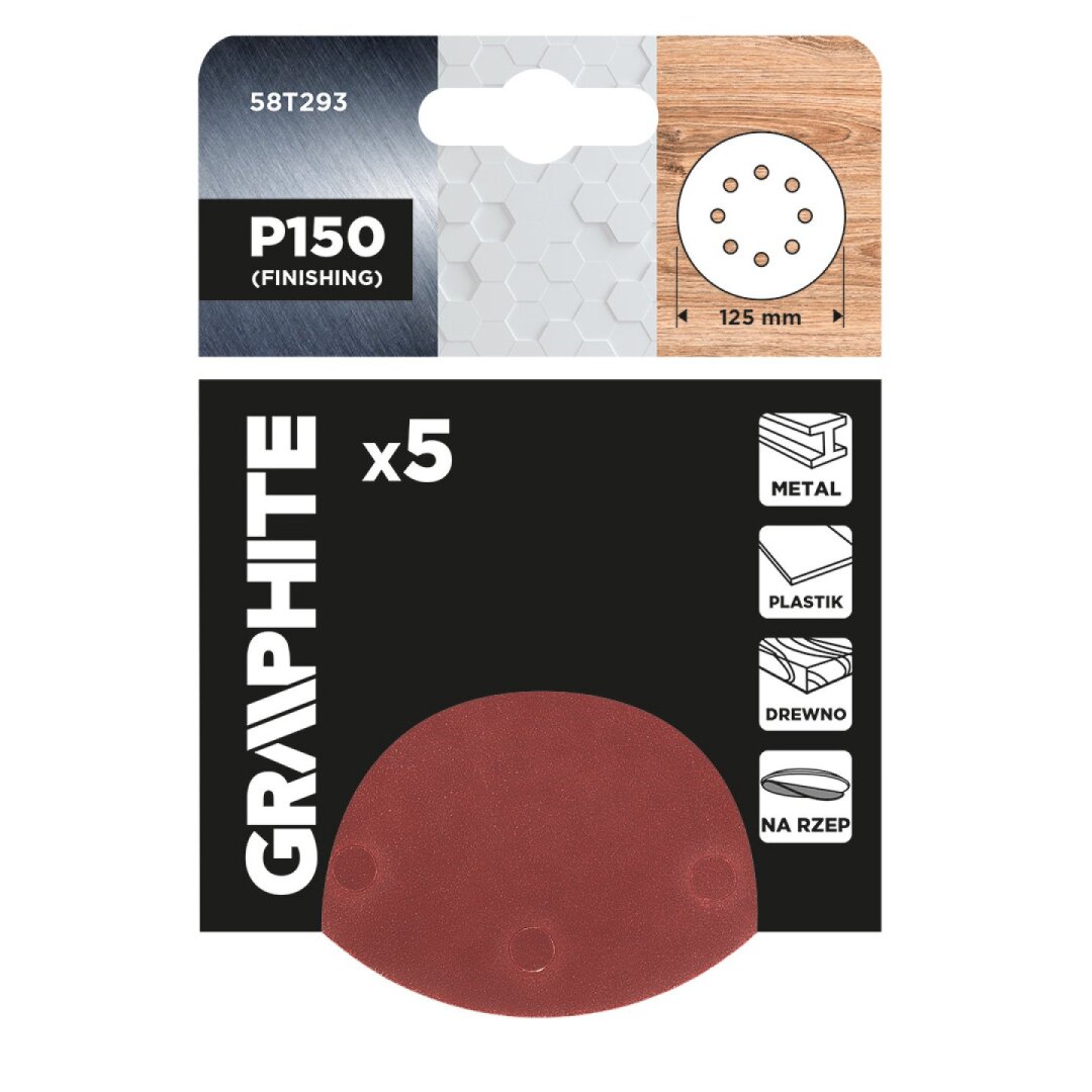 „Velcro“ šlifavimo diskai 125 mm, P150, 5 vnt, su 8 skylėmis 1