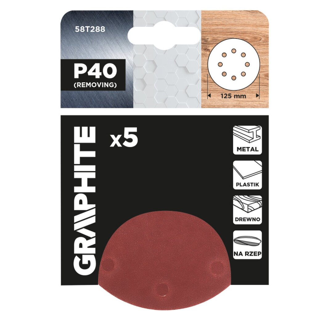 „Velcro“ šlifavimo diskai 125 mm, P40, 5 vnt, su 8 skylėmis 1 „Velcro“ šlifavimo diskai 125 mm, P40, 5 vnt, su 8 skylėmis 1