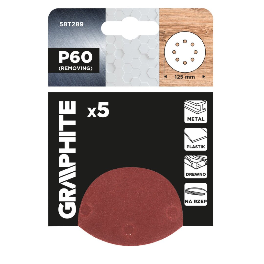 „Velcro“ šlifavimo diskai 125 mm, p60, 5 vnt, su 8 skylėmis 1 „Velcro“ šlifavimo diskai 125 mm, p60, 5 vnt, su 8 skylėmis 1