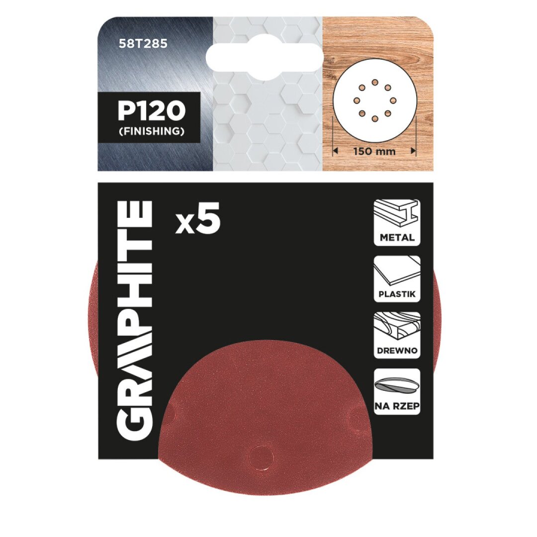 „Velcro“ šlifavimo diskai 150 mm, P120, 5 vnt, su 8 skylėmis 1 „Velcro“ šlifavimo diskai 150 mm, P120, 5 vnt, su 8 skylėmis 1