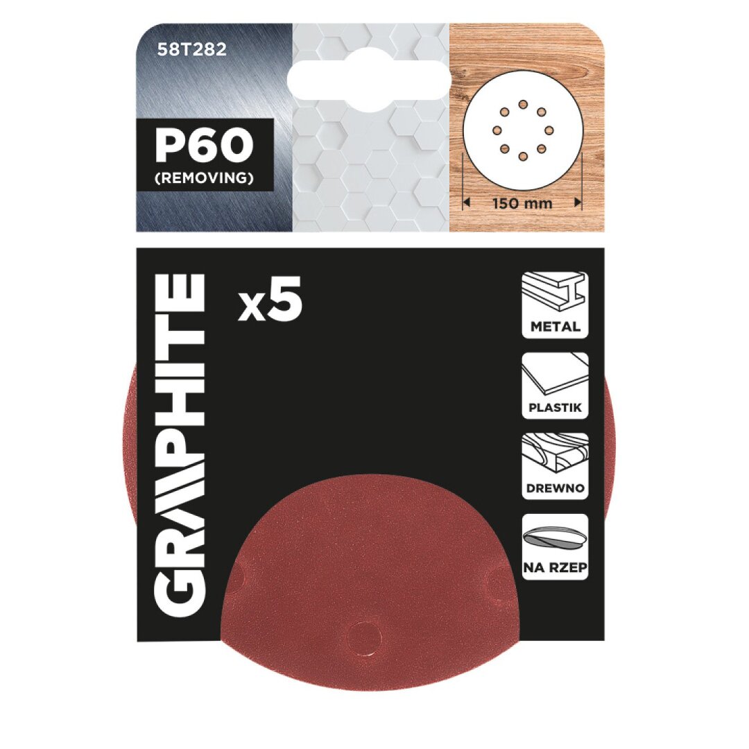 „Velcro“ šlifavimo diskai 150 mm, p60, 5 vnt, su 8 skylėmis 1 „Velcro“ šlifavimo diskai 150 mm, p60, 5 vnt, su 8 skylėmis 1