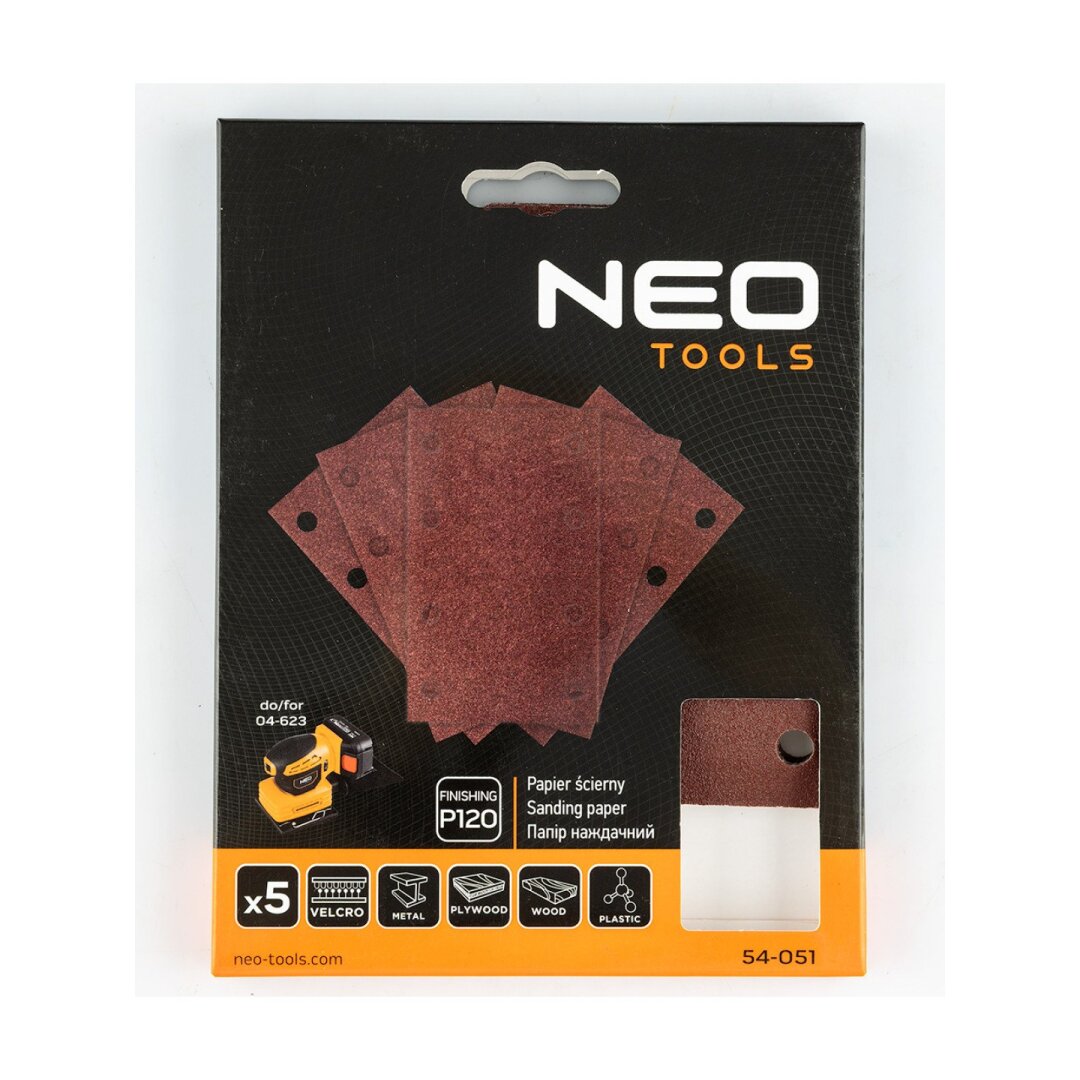 „Velcro“ šlifavimo popierius, stačiakampis 80 x 130 mm, P120, 5 vnt, su 8 skylėmis 04-623 1