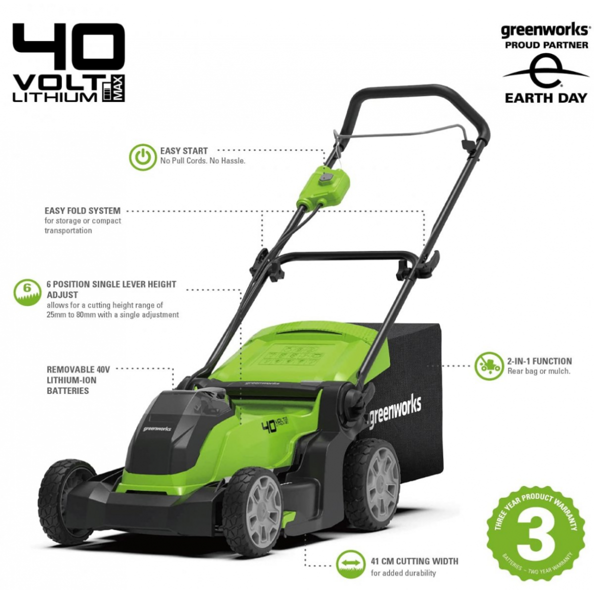 Akumuliatorinė vejapjovė Greenworks G40LM41K4, 40 V, 4,0 Ah, 41 cm 14 Akumuliatorinė vejapjovė Greenworks G40LM41K4, 40 V, 4,0 Ah, 41 cm 14