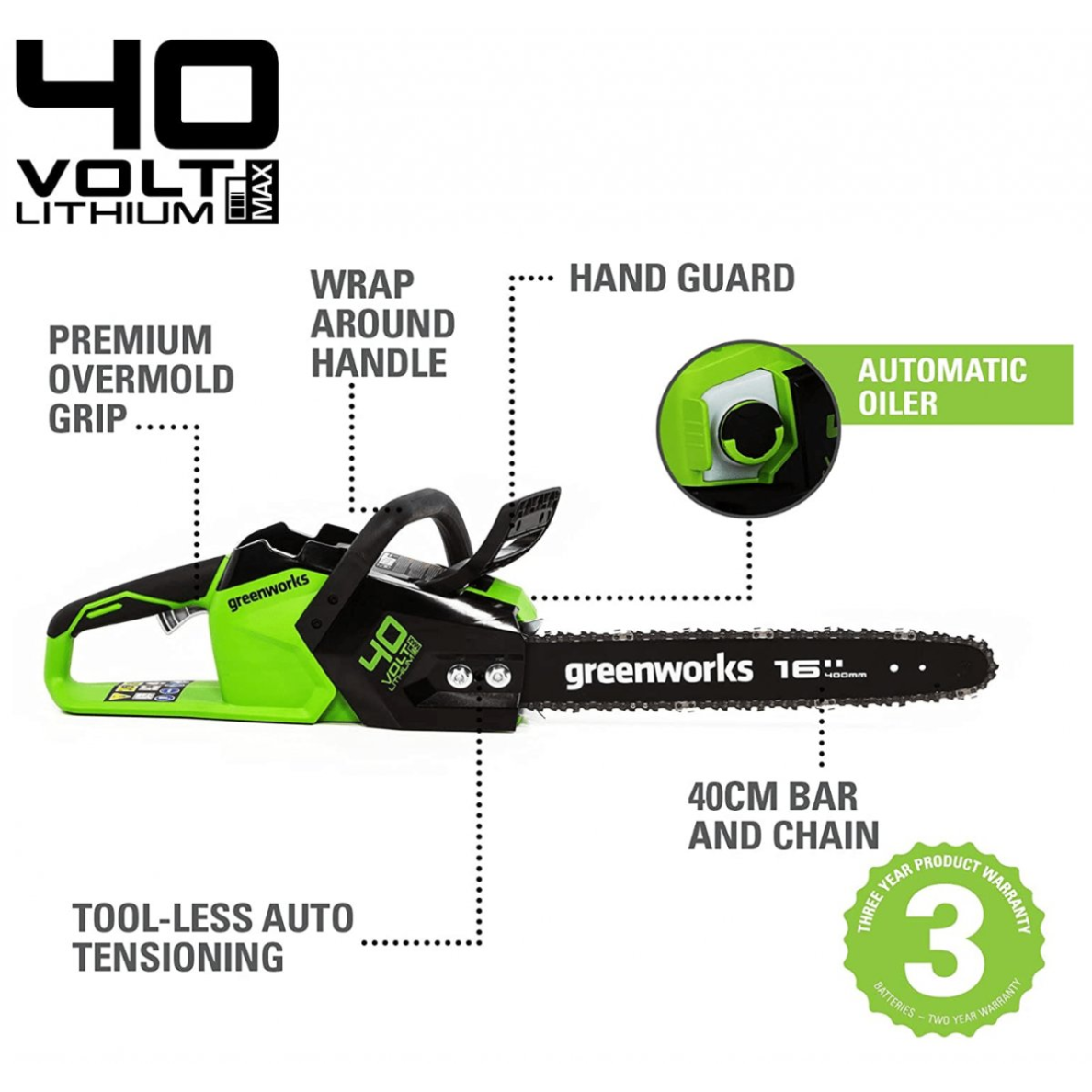 VEJAPJOVĖ SAVAEIGĖ + PŪSTUVAS+GRANDINIS PJŪKLAS Greenworks gd40lm46spk4+gd40bvIIk4+gd40cs18k4, 46cm, 40V, 3X4Ah (Kopija) 31