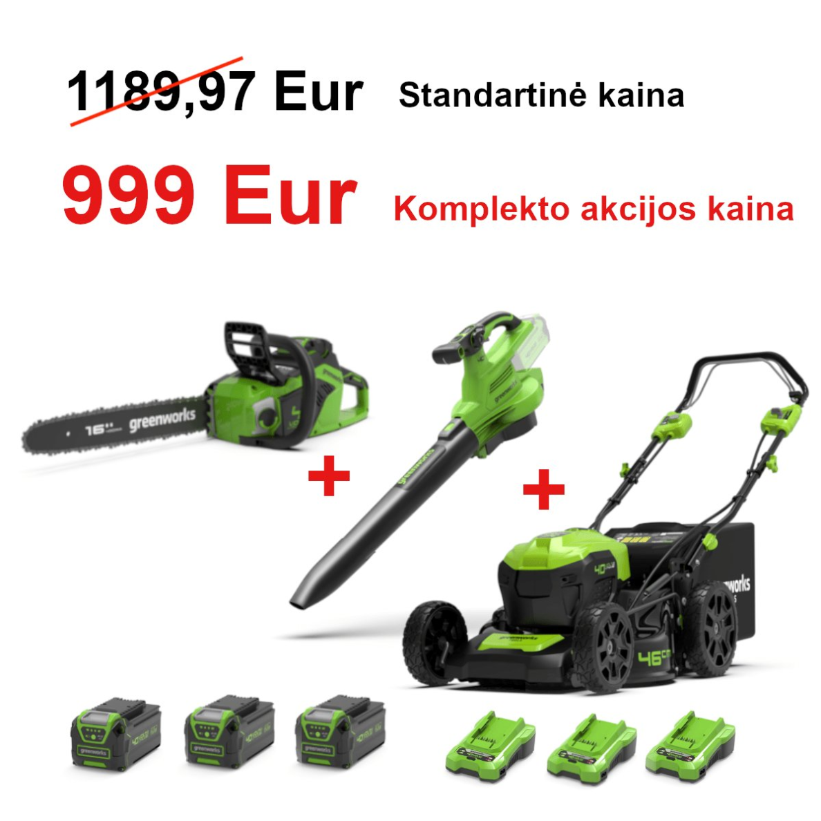 VEJAPJOVĖ SAVAEIGĖ + PŪSTUVAS+GRANDINIS PJŪKLAS Greenworks gd40lm46spk4+gd40bvIIk4+gd40cs18k4, 46cm, 40V, 3X4Ah (Kopija)