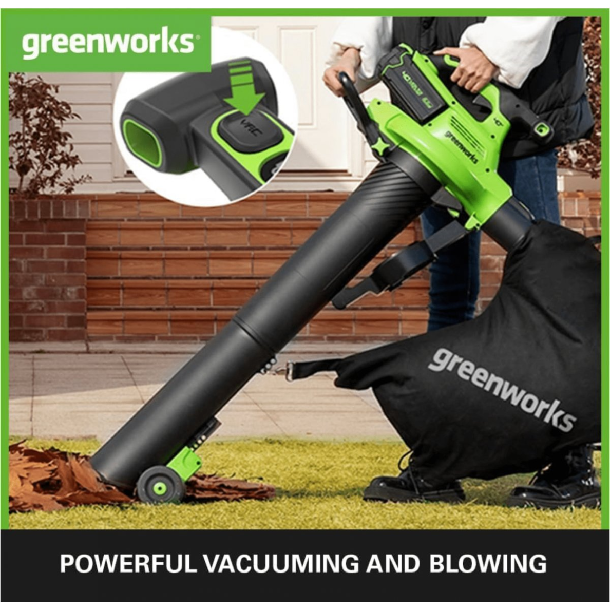 VEJAPJOVĖ SAVAEIGĖ + PŪSTUVAS/SIURBLYS Greenworks gd40lm46spk4+gd40bvIIk4, 46cm, 40V, 2X4Ah 12