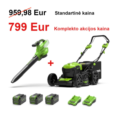 VEJAPJOVĖ SAVAEIGĖ + PŪSTUVAS-SIURBLYS Greenworks gd40lm46spk4x+gd40bvIIk4, 46cm, 40V, 3X4Ah VEJAPJOVĖ SAVAEIGĖ + PŪSTUVAS-SIURBLYS Greenworks gd40lm46spk4x+gd40bvIIk4, 46cm, 40V, 3X4Ah