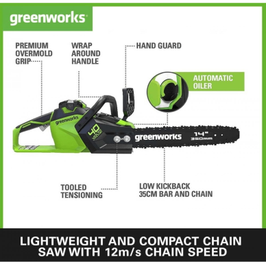 VEJAPJOVĖ SAVAEIGĖ + GRANDININIS PJŪKLAS Greenworks gd40lm46spk4+gd40cs15Ik4, 46cm, 40V, 2X4Ah 11