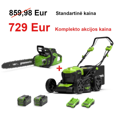 VEJAPJOVĖ SAVAEIGĖ + GRANDININIS PJŪKLAS Greenworks gd40lm46spk4+gd40cs15Ik4, 46cm, 40V, 2X4Ah