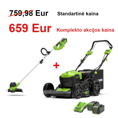 VEJAPJOVĖ SAVAEIGĖ + STYGINĖ ŽOLIAPJOVĖ Greenworks gd40lm46spk4x+g40lt, 46cm, 40V, 2X4Ah VEJAPJOVĖ SAVAEIGĖ + STYGINĖ ŽOLIAPJOVĖ Greenworks gd40lm46spk4x+g40lt, 46cm, 40V, 2X4Ah