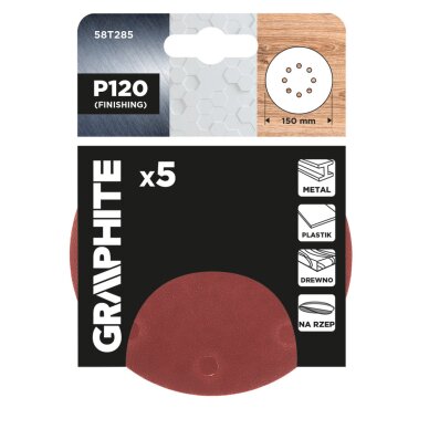 „Velcro“ šlifavimo diskai 150 mm, P120, 5 vnt, su 8 skylėmis 1 „Velcro“ šlifavimo diskai 150 mm, P120, 5 vnt, su 8 skylėmis 1