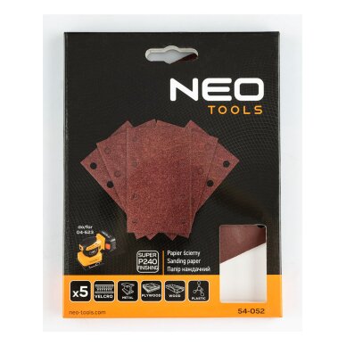 „Velcro“ šlifavimo popierius, stačiakampis 80 x 130 mm, p240, 5 vnt, su 8 skylėmis 04-623 1