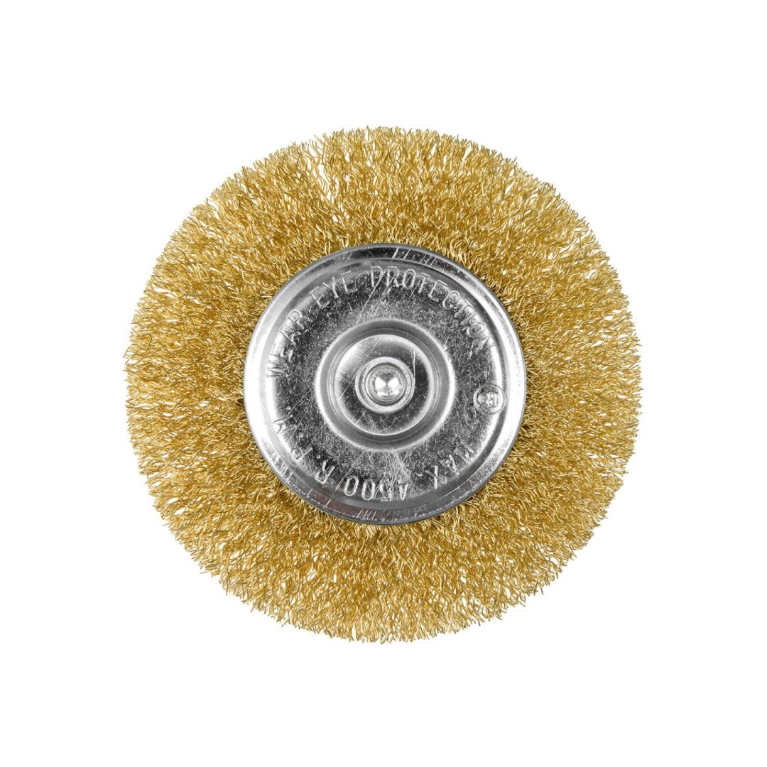 Vielinis diskinis šepetys 100 mm, suvirškintos vielos, žalvario dengtas, su 6 mm blauzdomis 2