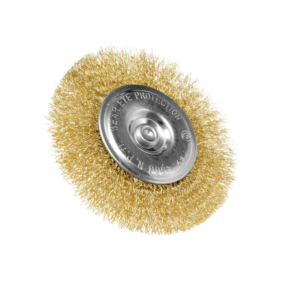 Vielinis diskinis šepetys 100 mm, suvirškintos vielos, žalvario dengtas, su 6 mm blauzdomis 3