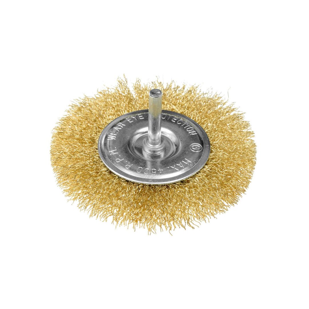 Vielinis diskinis šepetys 100 mm, suvirškintos vielos, žalvario dengtas, su 6 mm blauzdomis