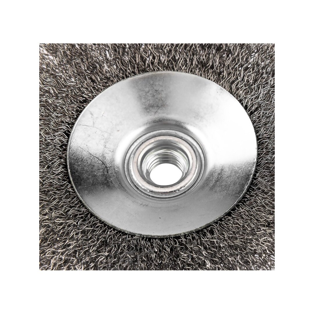 Vielinis diskinis šepetys 125 mm, suvirškintos vielos, plieno, M14 4 Vielinis diskinis šepetys 125 mm, suvirškintos vielos, plieno, M14 4