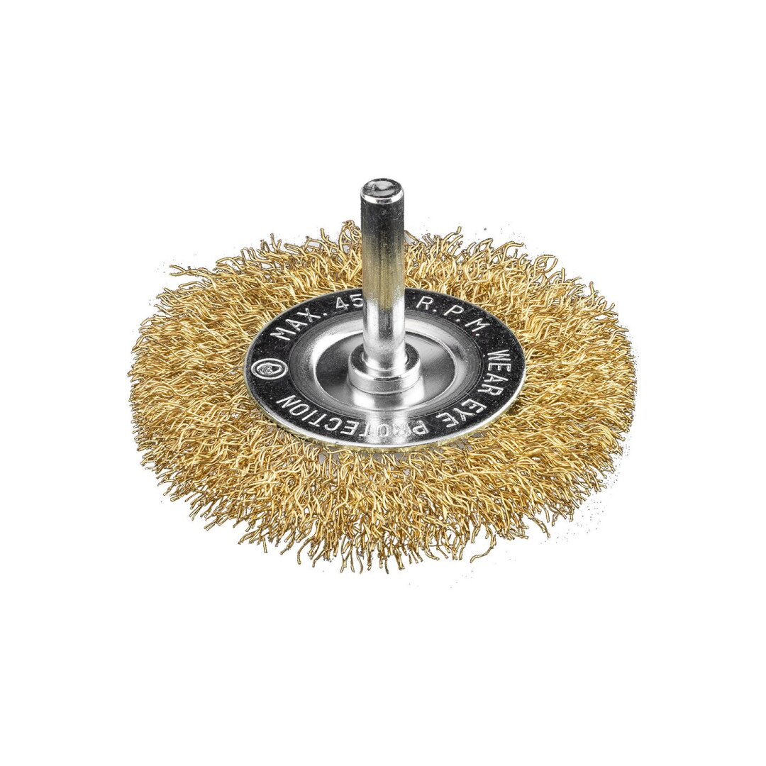 Vielinis diskinis šepetys 80 mm, suvirškintos vielos, žalvario dengtas Vielinis diskinis šepetys 80 mm, suvirškintos vielos, žalvario dengtas