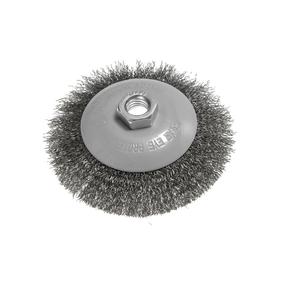 Vielinis ratų šepetėlis 115 mm, suvirškintos vielos, plieno, M14 Vielinis ratų šepetėlis 115 mm, suvirškintos vielos, plieno, M14