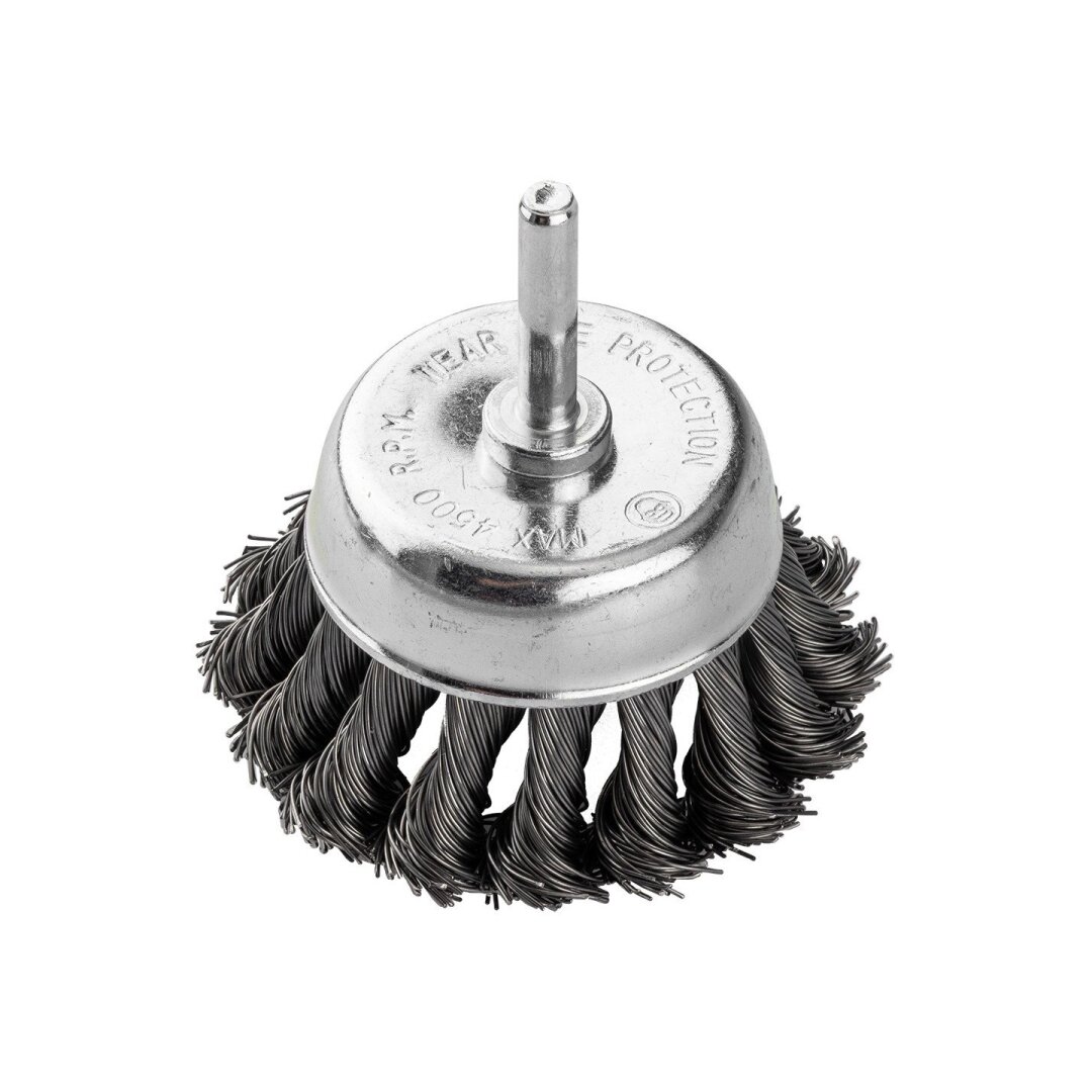 Vielinis šepetys kuginis 75 mm, susukta plieninė viela, su 6 mm blauzdos