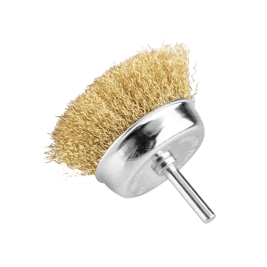 Vielinis šepetys kuginis 75 mm, suvirškintos vielos, žalvario dengtas, su 6 mm blaučiu 5