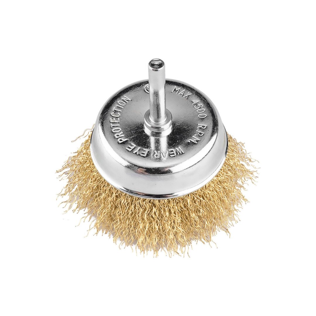 Vielinis šepetys kuginis 75 mm, suvirškintos vielos, žalvario dengtas, su 6 mm blaučiu