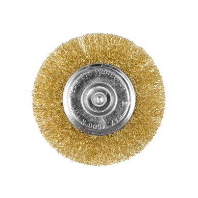 Vielinis diskinis šepetys 100 mm, suvirškintos vielos, žalvario dengtas, su 6 mm blauzdomis 2 Vielinis diskinis šepetys 100 mm, suvirškintos vielos, žalvario dengtas, su 6 mm blauzdomis 2