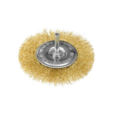 Vielinis diskinis šepetys 100 mm, suvirškintos vielos, žalvario dengtas, su 6 mm blauzdomis Vielinis diskinis šepetys 100 mm, suvirškintos vielos, žalvario dengtas, su 6 mm blauzdomis