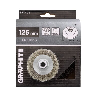 Vielinis diskinis šepetys 125 mm, suvirškintos vielos, plieno, M14 1 Vielinis diskinis šepetys 125 mm, suvirškintos vielos, plieno, M14 1