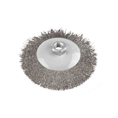 Vielinis diskinis šepetys 125 mm, suvirškintos vielos, plieno, M14 3 Vielinis diskinis šepetys 125 mm, suvirškintos vielos, plieno, M14 3