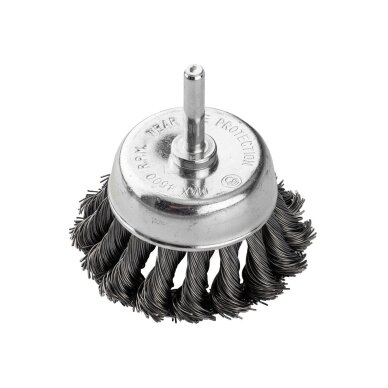 Vielinis šepetys kuginis 75 mm, susukta plieninė viela, su 6 mm blauzdos Vielinis šepetys kuginis 75 mm, susukta plieninė viela, su 6 mm blauzdos