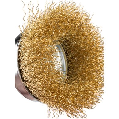 Vielinis šepetys kuginis 75 mm, suvirškintos vielos, žalvario dengtas, su 6 mm blaučiu 6 Vielinis šepetys kuginis 75 mm, suvirškintos vielos, žalvario dengtas, su 6 mm blaučiu 6