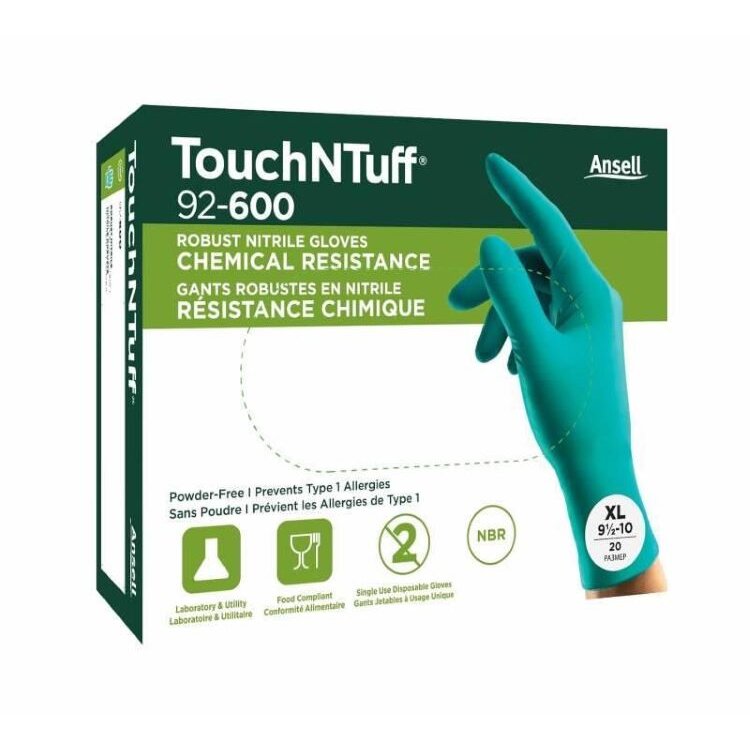 Vienkartinės nitrilinės pirštinės Ansell TouchNTuff 92-600, 0,12mm storio, XL (9,5-10),  lygus delnas, žalios, 20 vnt dėžutė