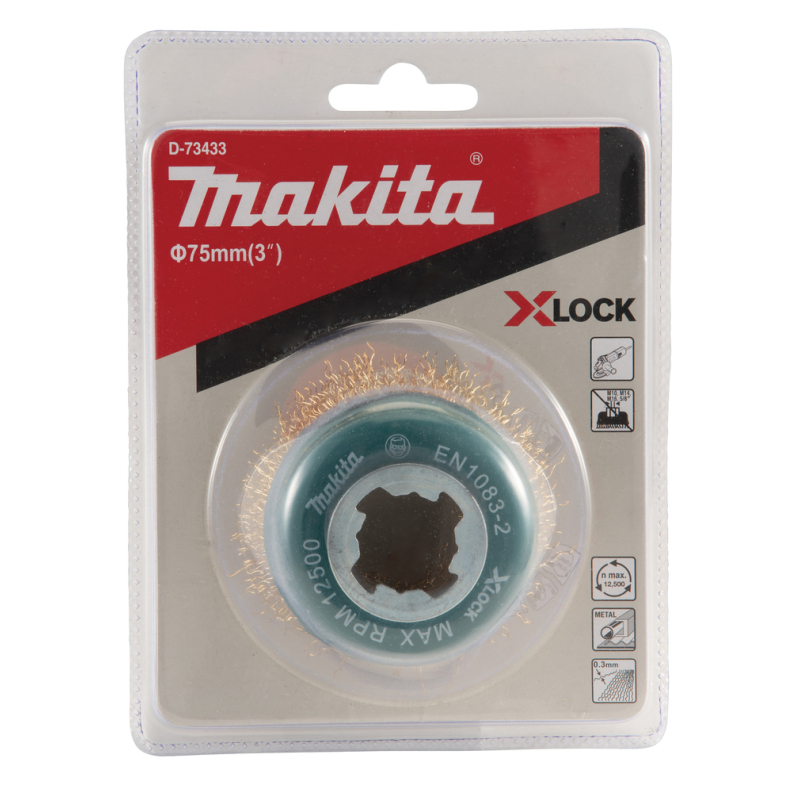 Vielinė šlifavimo taurė Makita D-73433, banguota viela, 0.3mm, Ø 75 mm, X-LOCK 3 Vielinė šlifavimo taurė Makita D-73433, banguota viela, 0.3mm, Ø 75 mm, X-LOCK 3