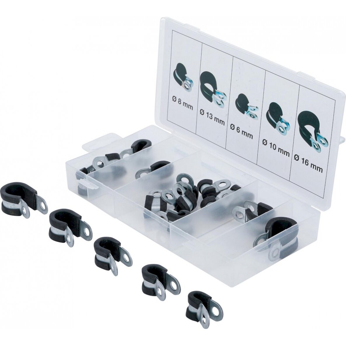 Žarnų spaustukų asortimentas, gumuoti | Ø 6 - 16 mm | 18 vnt. (14145) Žarnų spaustukų asortimentas, gumuoti | Ø 6 - 16 mm | 18 vnt. (14145)