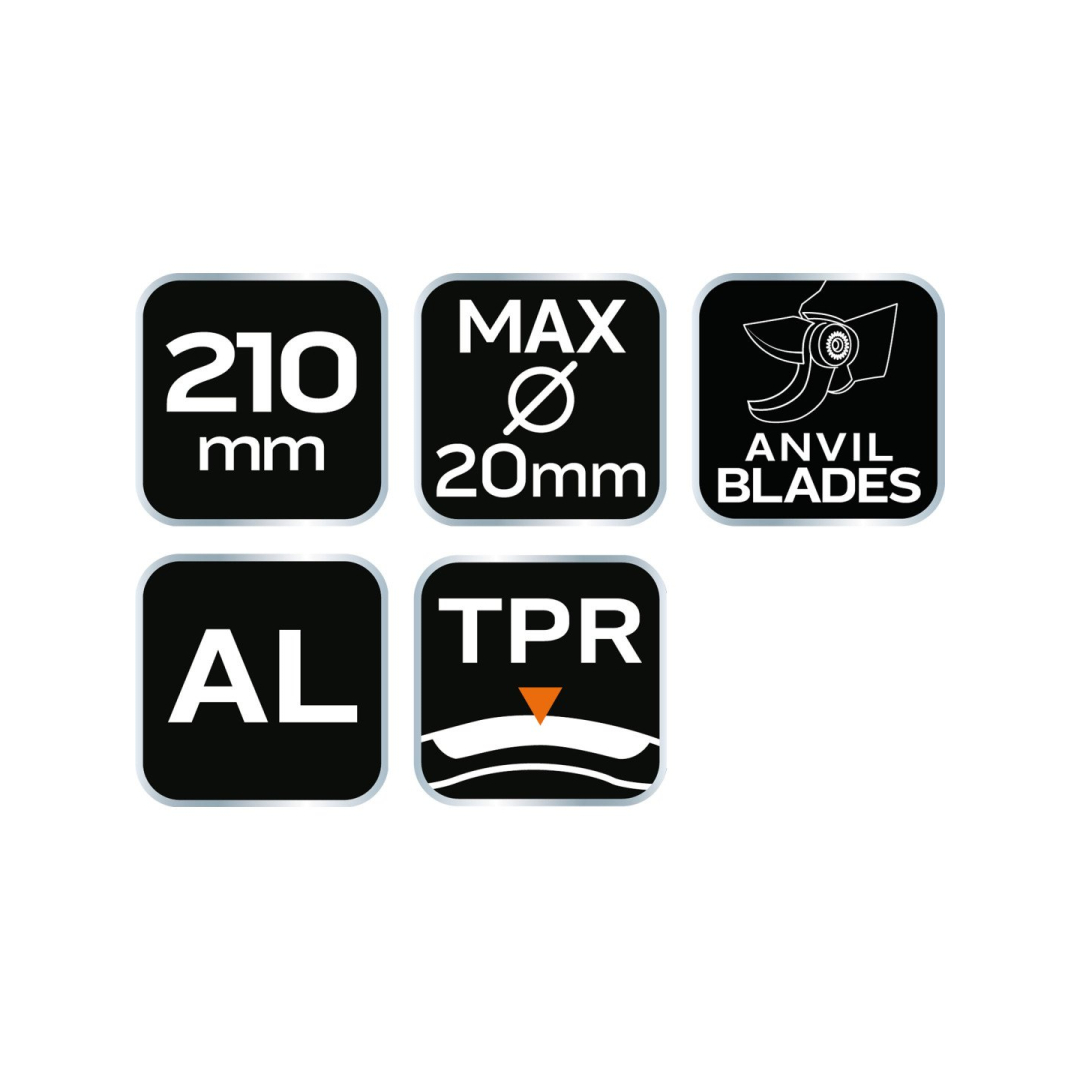 Žirklės su antgaliu, 210 mm, iki 20 mm diapaz, alium, TPR guma dengta rank 6 Žirklės su antgaliu, 210 mm, iki 20 mm diapaz, alium, TPR guma dengta rank 6